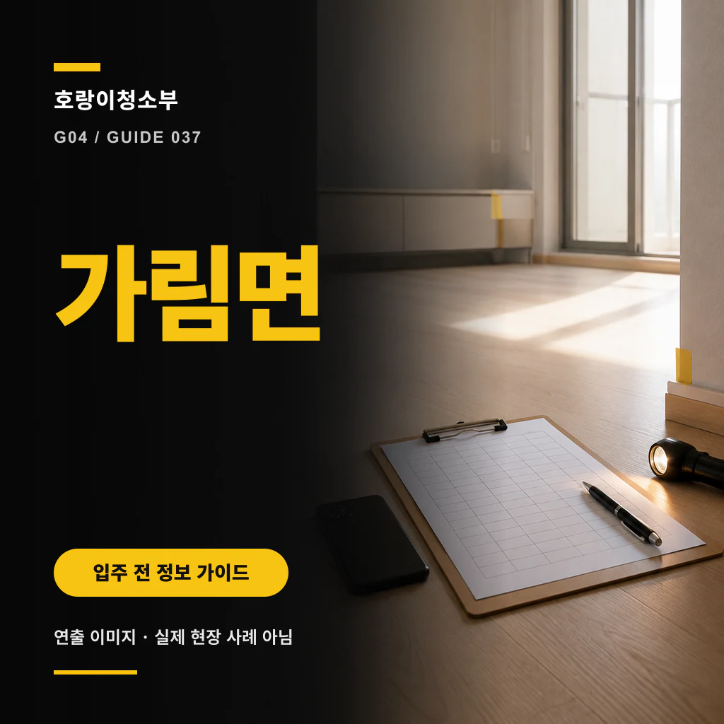 왼쪽 검은 패널의 노란 가림면 문구와 오른쪽 빈 설치 공간의 회색 가구장·목재 바닥·노란 위치 표지, 기록지와 펜·휴대전화·손전등이 보이는 정사각형 연출 이미지