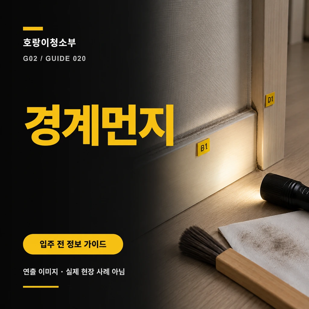걸레받이 윗선과 문틀 홈에 남은 마른 먼지를 B1·D1 표식, 낮은 각도 손전등, 작은 솔과 흰 확인 천으로 점검하는 장면 옆에 경계먼지 문구가 보이는 정사각형 연출 이미지