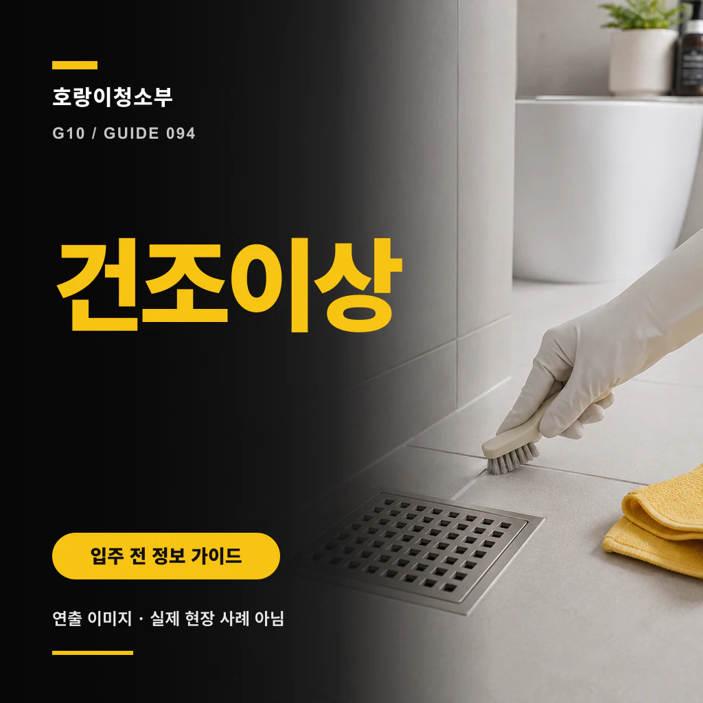 검은 안내 패널 옆 밝은 욕실에서 흰 장갑을 낀 손이 정사각형 배수구 주변 타일을 솔로 닦고 노란 수건이 놓인 연출 이미지