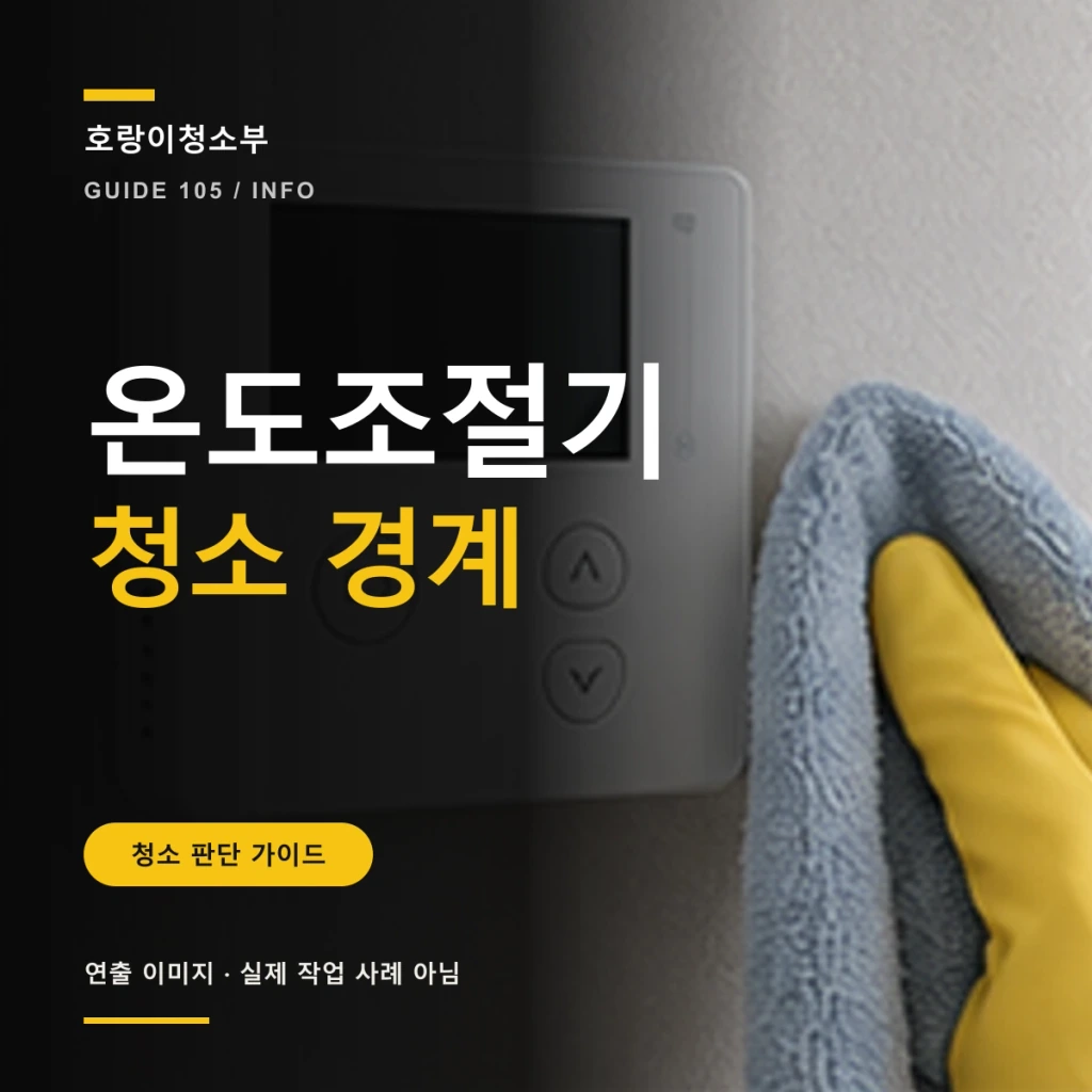 큰 온도조절기 청소 경계 문구와 벽면 보일러 조절기 옆에 마른 천이 놓인 정사각형 연출 이미지