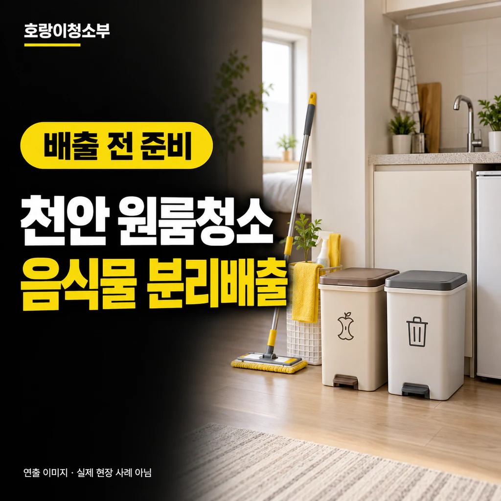 밝은 원룸 주방에서 음식물통과 일반 쓰레기통, 노란 청소 도구를 나눠 둔 정사각형 연출 이미지