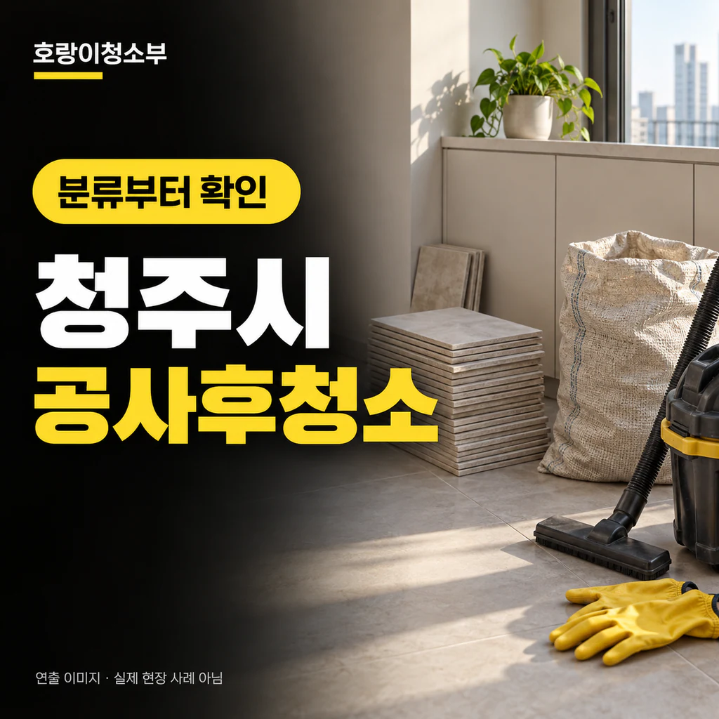 밝은 실내 바닥에 타일 조각을 담은 용기와 분리된 작은 가구, 노란 청소 도구가 놓인 정사각형 연출 이미지