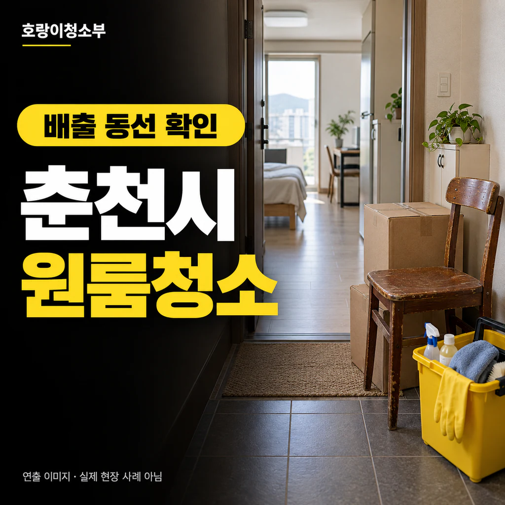 좁은 원룸 현관에 접은 매트리스와 상자, 노란 청소 도구가 놓인 정사각형 연출 이미지