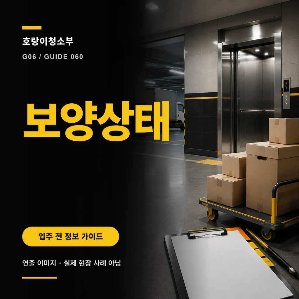 상자가 실린 운반 카트와 열린 엘리베이터, 바닥의 빈 기록판 옆에 보양상태 문구가 배치된 정사각형 연출 이미지