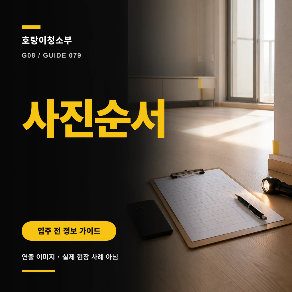 햇빛이 드는 빈 방 문턱에 위치 표시 테이프와 기록지·펜·휴대전화·손전등을 놓고 사진순서 문구를 넣은 정사각형 연출 이미지