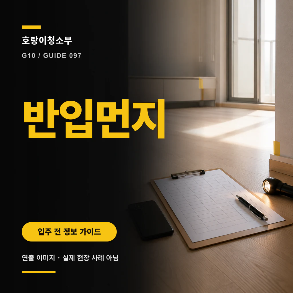 햇빛 드는 빈 실내 바닥에 격자 기록판과 펜, 손전등이 놓이고 반입먼지 문구가 크게 표시된 정사각형 연출 이미지