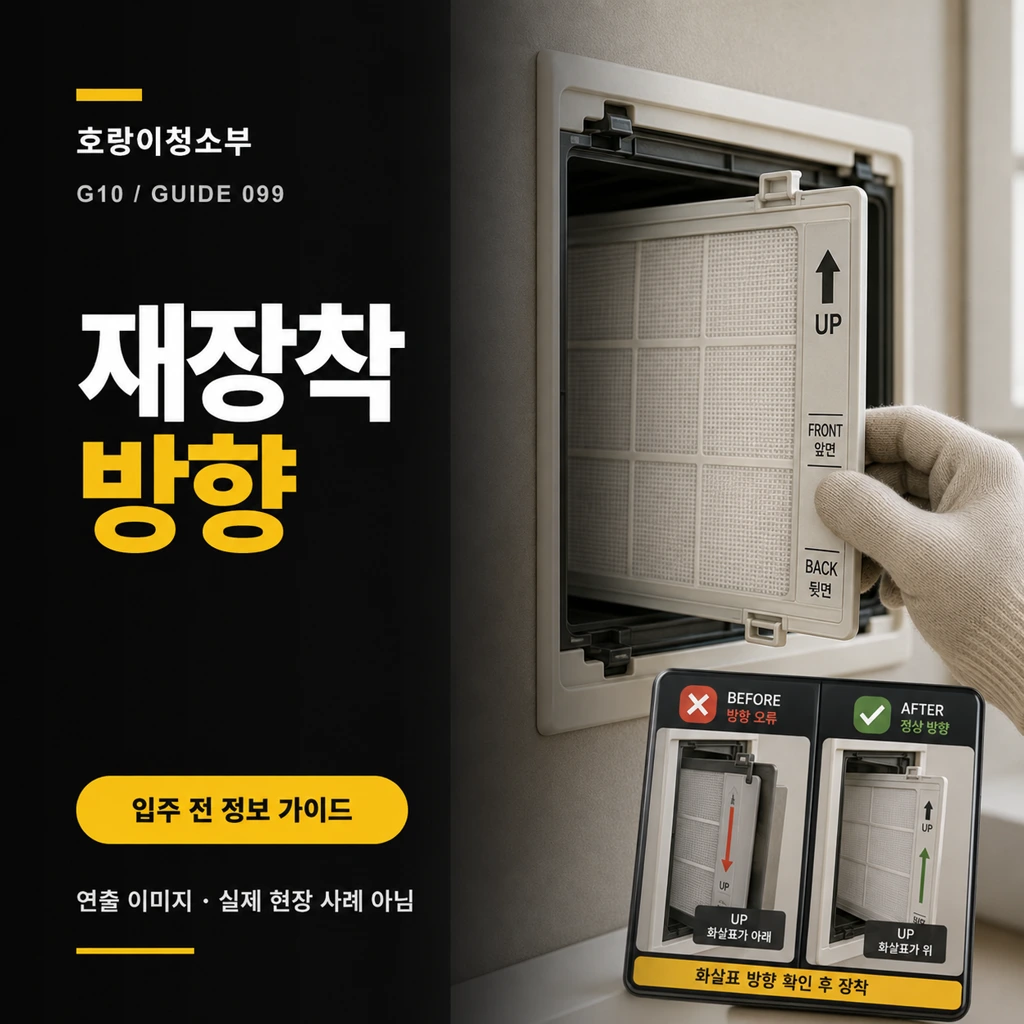 UP 화살표와 앞뒤 표시가 있는 필터를 고정부에 맞춰 끼우고 전후 방향 사진으로 확인하는 재장착 방향 정사각형 연출 이미지