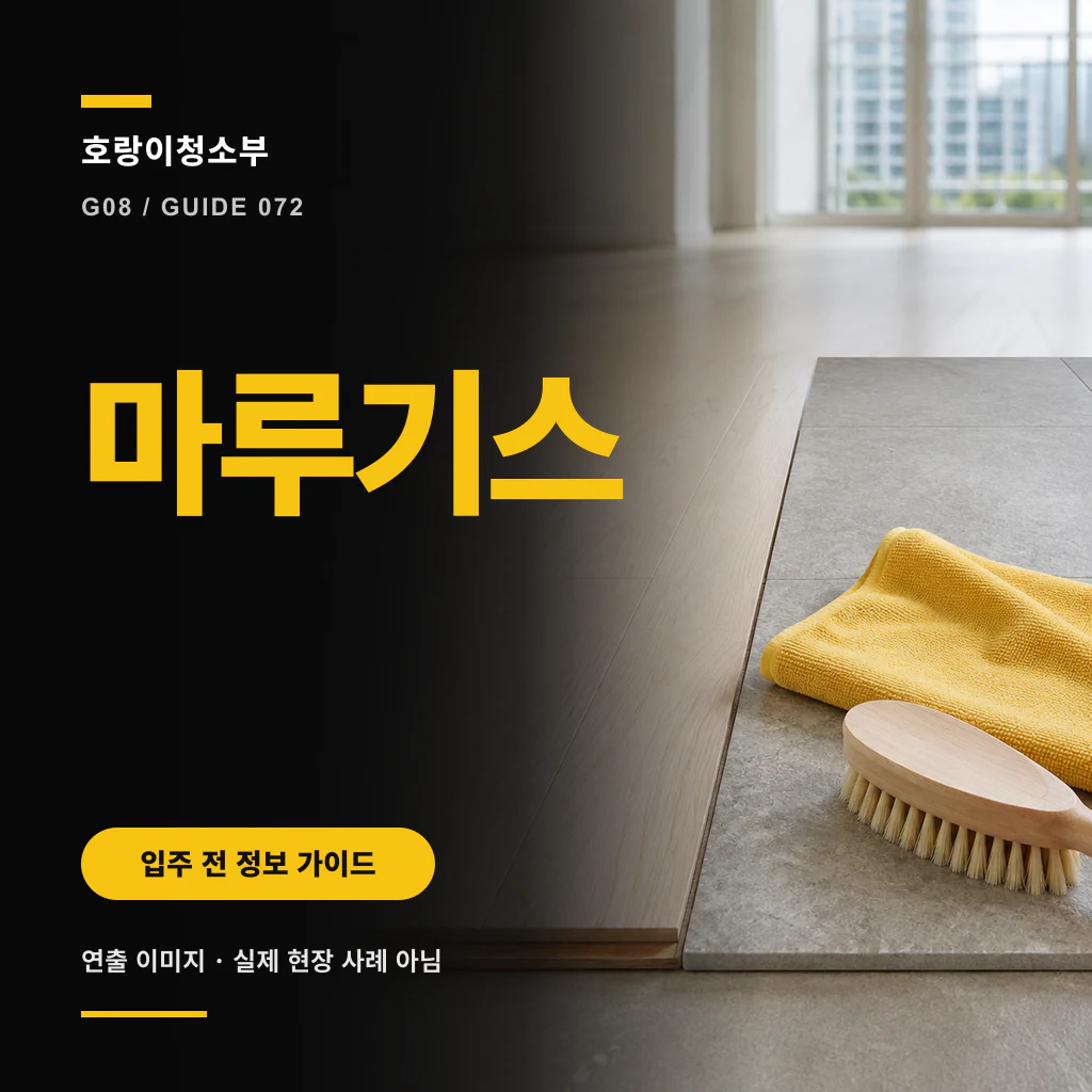 서로 다른 바닥 마감과 표면 흔적을 연출한 장면 위에 마루기스 문구가 크게 표시된 정사각형 안내 이미지
