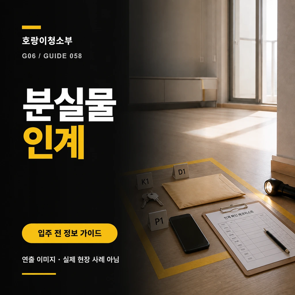 빈방 바닥의 노란 제외선 안에 K1 열쇠, D1 봉투, P1 검은 화면 휴대전화와 인계 확인 체크리스트가 놓인 분실물 인계 안내용 정사각형 연출 이미지