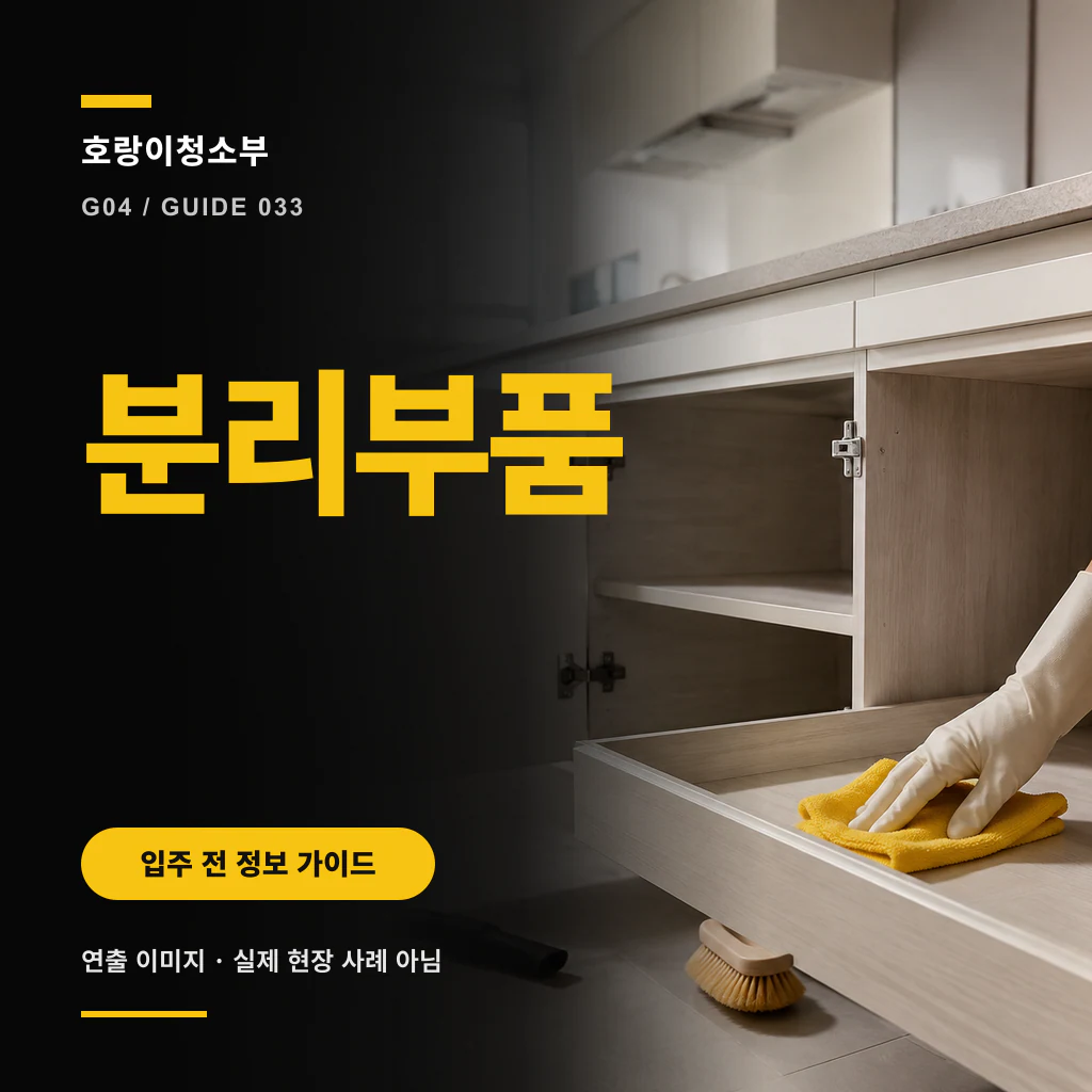 왼쪽 검은 패널의 노란색 분리부품 문구와 오른쪽 열린 주방 하부장·서랍을 노란 천으로 닦는 장갑 낀 손이 보이는 정사각형 연출 이미지