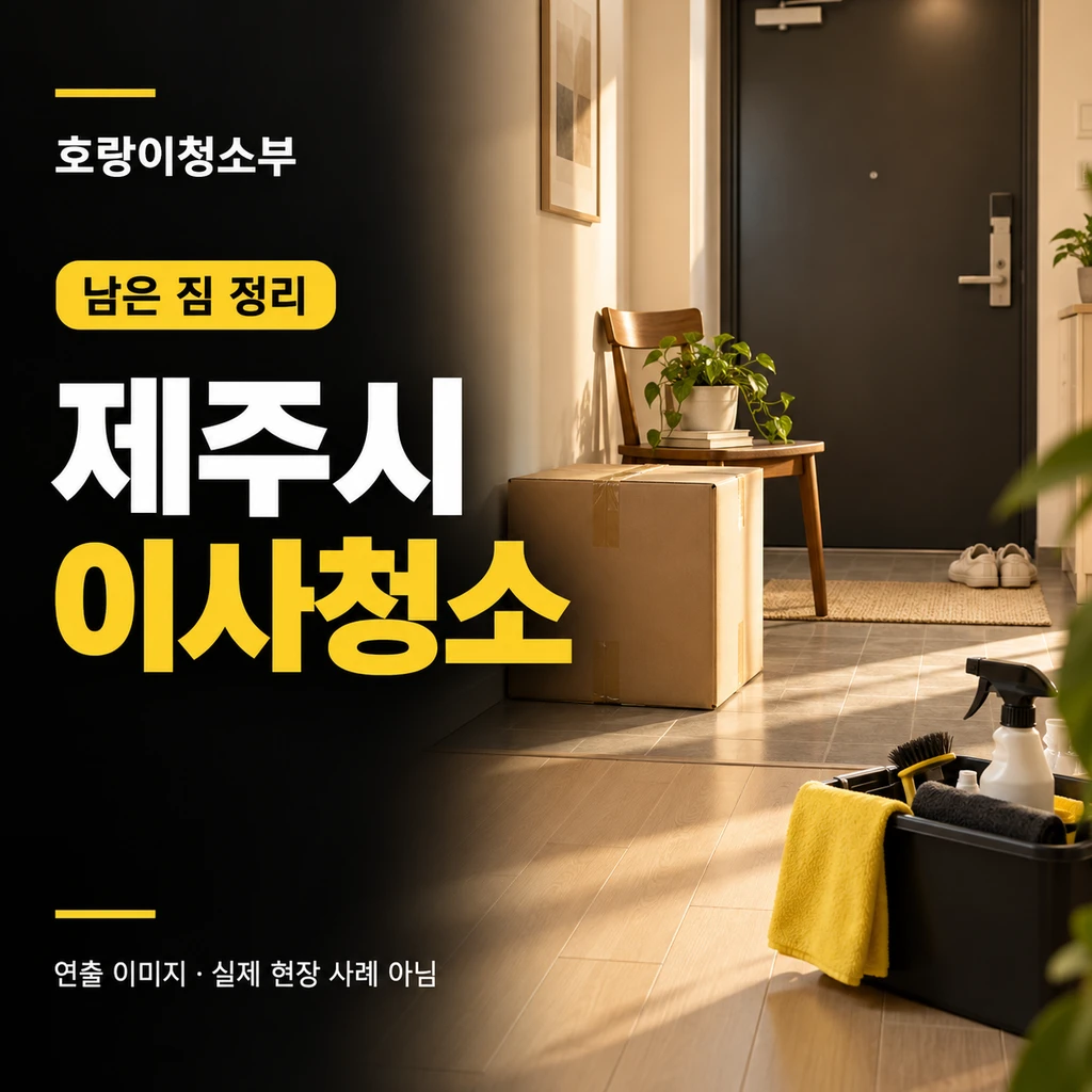 아파트 현관에 상자와 의자, 노란 청소 도구가 놓인 정사각형 연출 이미지