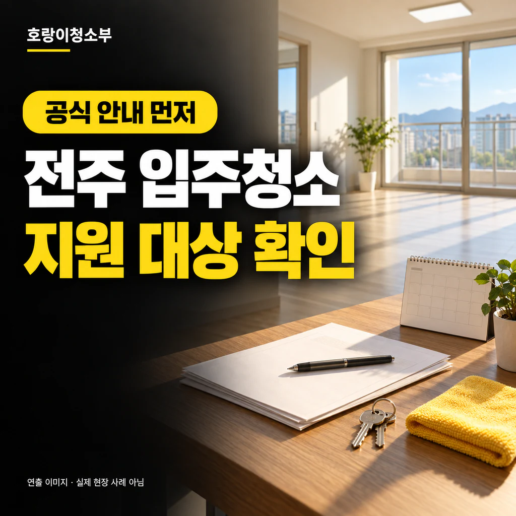 밝은 책상 위에 입주청소 견적서, 신청 서류와 달력을 나란히 둔 정사각형 연출 이미지