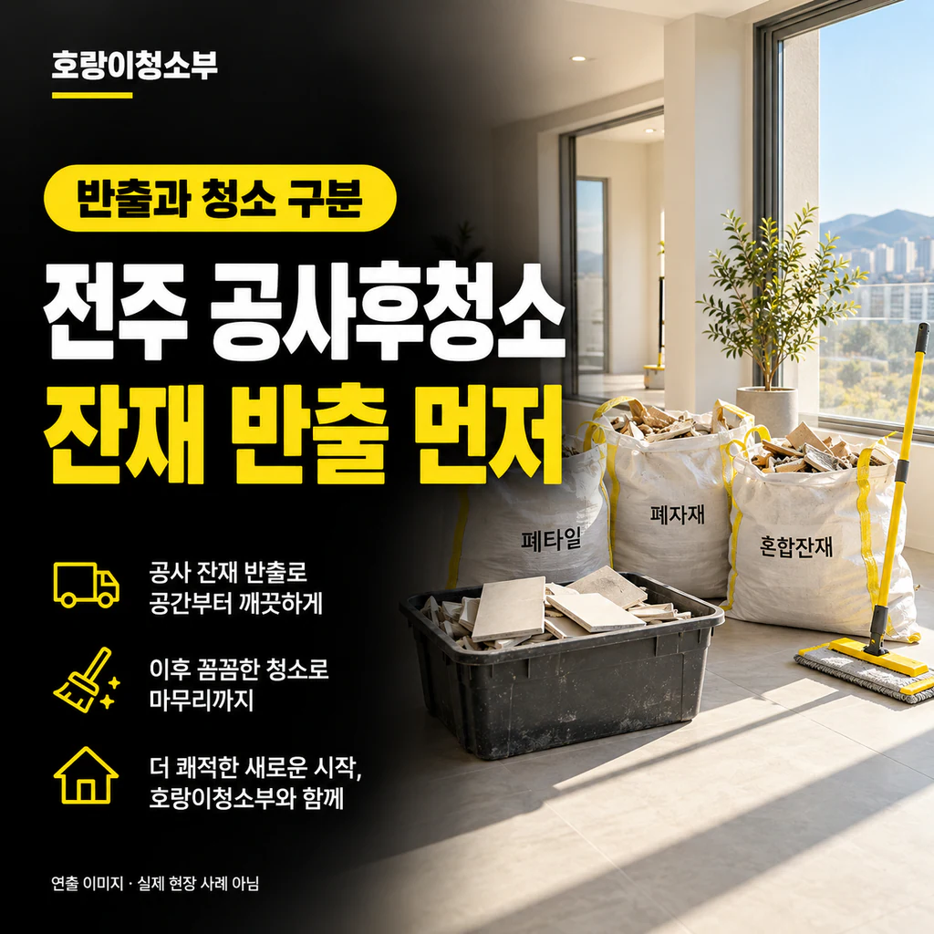 밝은 실내에 공사 잔재를 나눈 자루와 타일 조각 용기, 노란 밀대가 놓인 정사각형 연출 이미지
