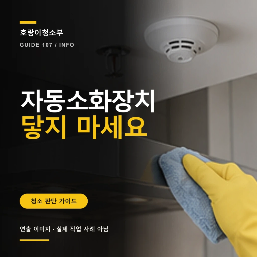 큰 자동소화장치 닿지 마세요 문구와 레인지후드 주변 노즐·감지부에서 거리를 둔 천이 보이는 정사각형 연출 이미지