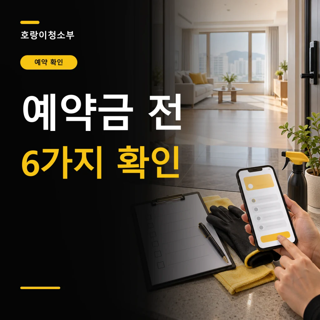 예약금 전 6가지 확인이라는 큰 글자 옆에 빈 아파트에서 계약 문자가 열린 휴대전화와 여섯 줄 체크리스트를 확인하는 정사각형 연출 이미지