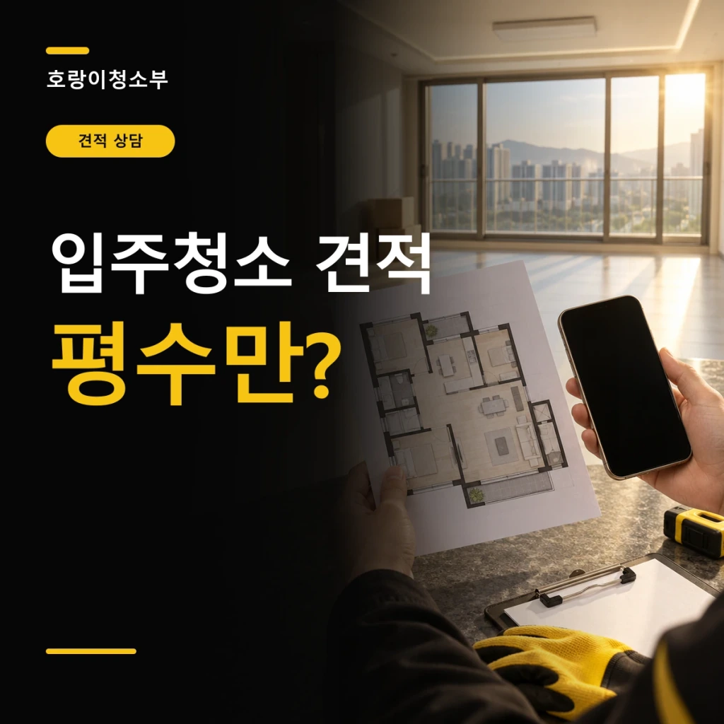 입주청소 견적과 평수만 물어도 되는지 묻는 큰 글자 옆에 빈 아파트, 평면도, 휴대전화와 노란 작업 장갑이 보이는 정사각형 연출 이미지