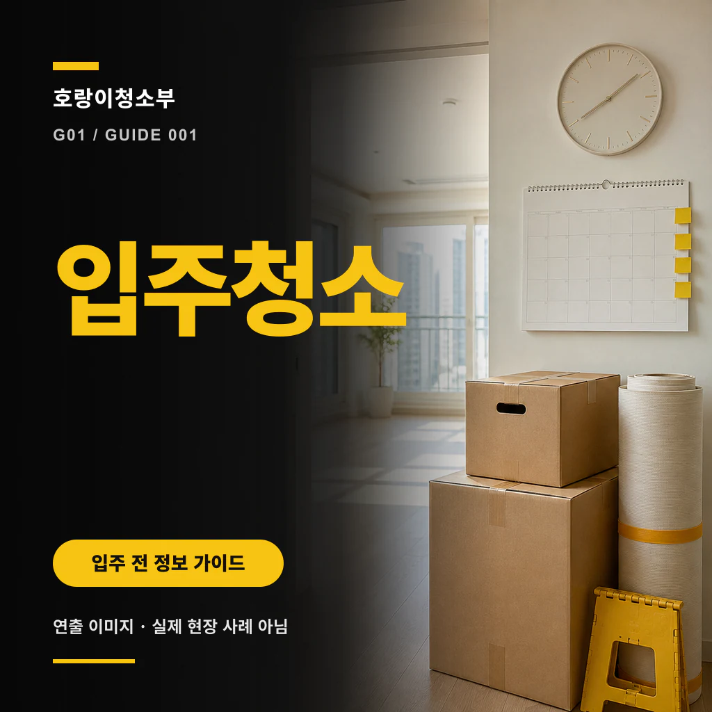 빈집의 달력과 시계, 이삿짐 상자 옆에 입주청소 문구를 크게 넣은 정사각형 안내 이미지
