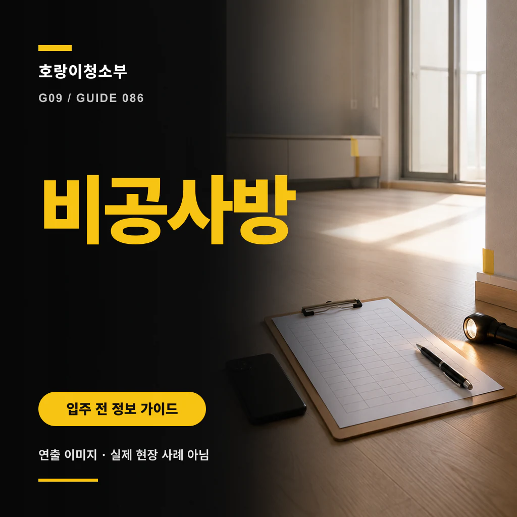 햇빛이 드는 빈 방 입구 바닥에 격자 기록지와 펜, 손전등이 놓이고 비공사방 문구가 표시된 정사각형 연출 이미지