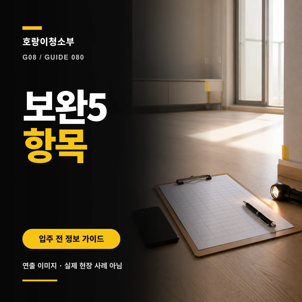 보완5항목 제목 옆에 햇빛 드는 빈방 바닥의 격자 기록판, 검정 펜과 휴대전화, 손전등, 노란 표식 테이프를 배치한 정사각형 연출 이미지