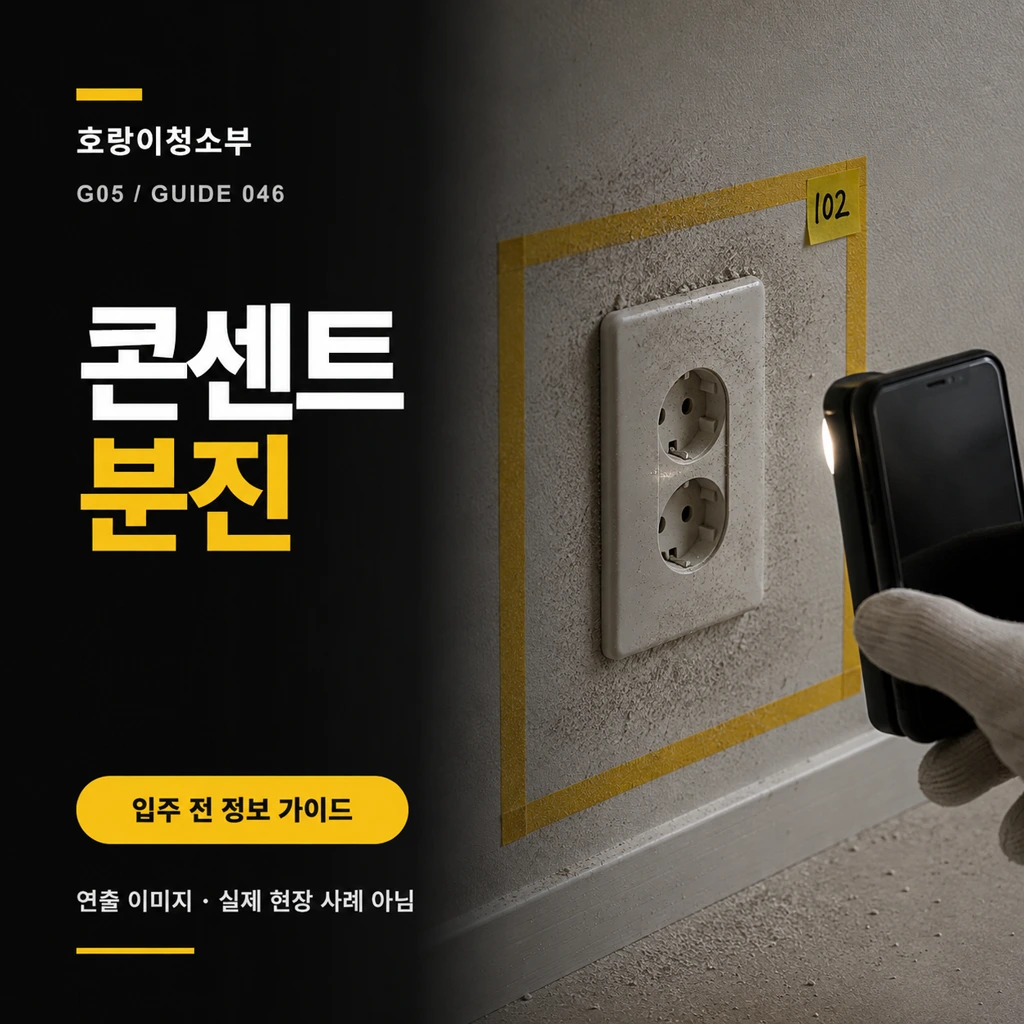 닫힌 콘센트 커버 주변의 미세 공사 분진과 노란 작업 제외선을 휴대전화 조명으로 기록하는 콘센트 분진 정사각형 연출 이미지