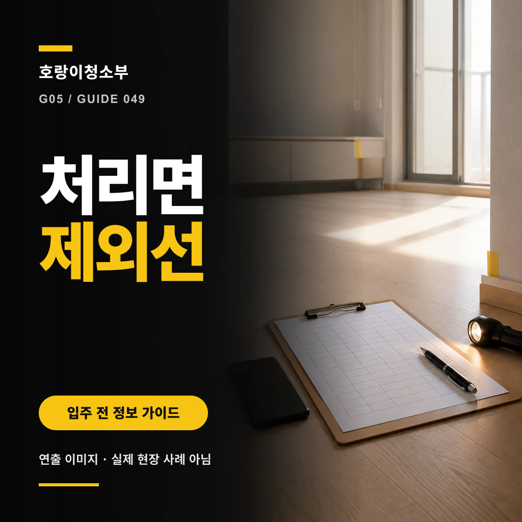 검정 안내 패널 옆 빈 실내 바닥에 평면도 클립보드와 펜, 손전등, 노란 제외선 표식이 놓인 방제 처리면 인계용 정사각형 연출 이미지