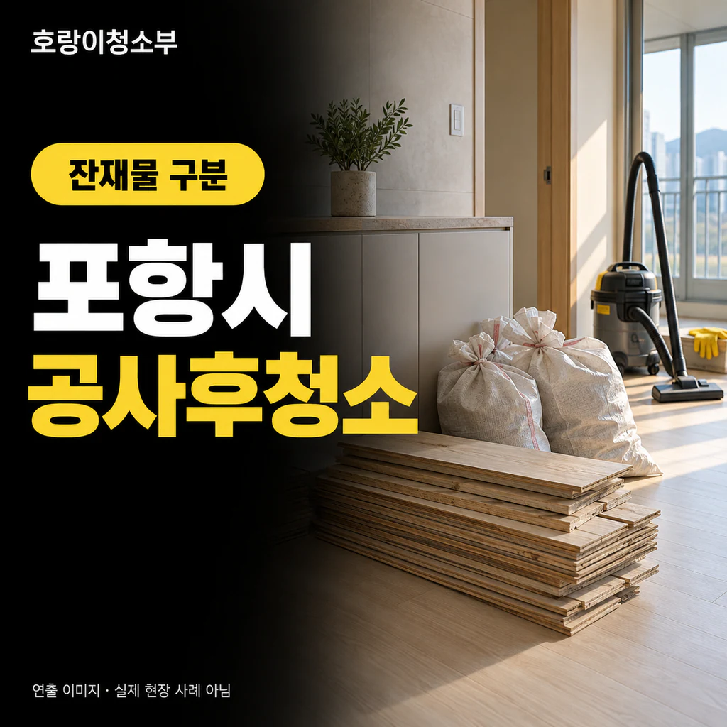 밝은 실내에 자재 조각을 담은 검정 용기와 분리된 가구 부품, 노란 청소 도구가 놓인 정사각형 연출 이미지