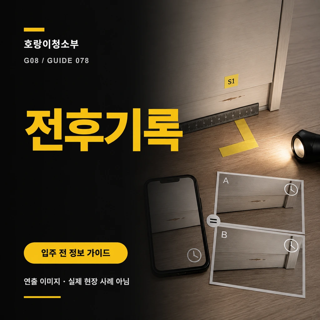 S1 흠집과 검정 자, 노란 고정 촬영 위치표, 손전등, 휴대전화, A·B 동일 구도 사진과 시각 아이콘이 보이는 전후기록 정사각형 연출 이미지