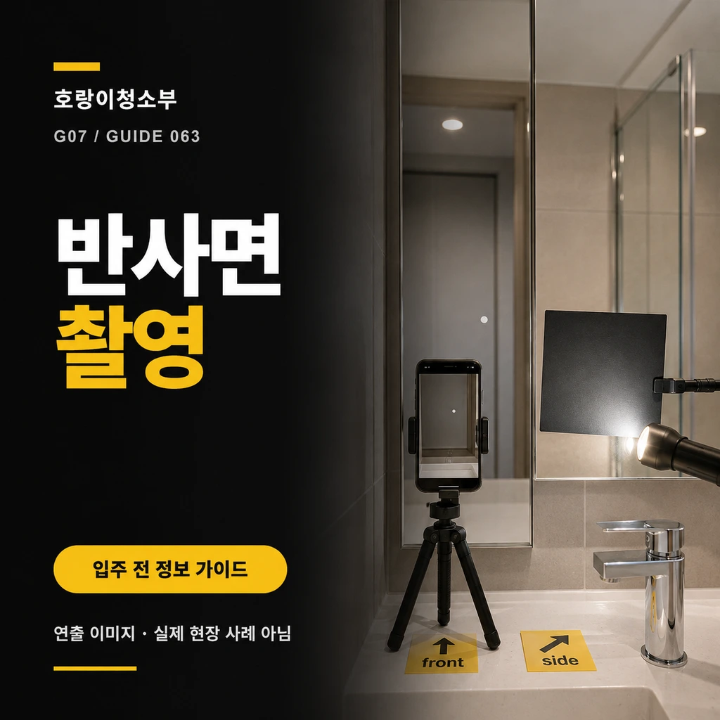 거울과 유리, 크롬 수전 앞에서 삼각대 휴대전화와 반사 차단판, 정면·측면 각도 표식으로 촬영 조건을 맞추고 반사면 촬영 문구를 크게 넣은 정사각형 연출 이미지