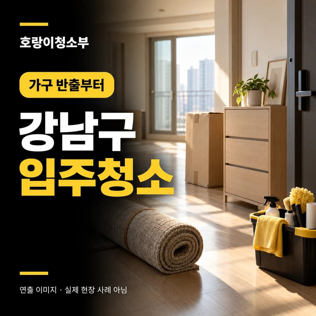 밝은 아파트 입구에 서랍장과 상자, 말린 러그, 노란 청소 도구가 놓인 정사각형 연출 이미지