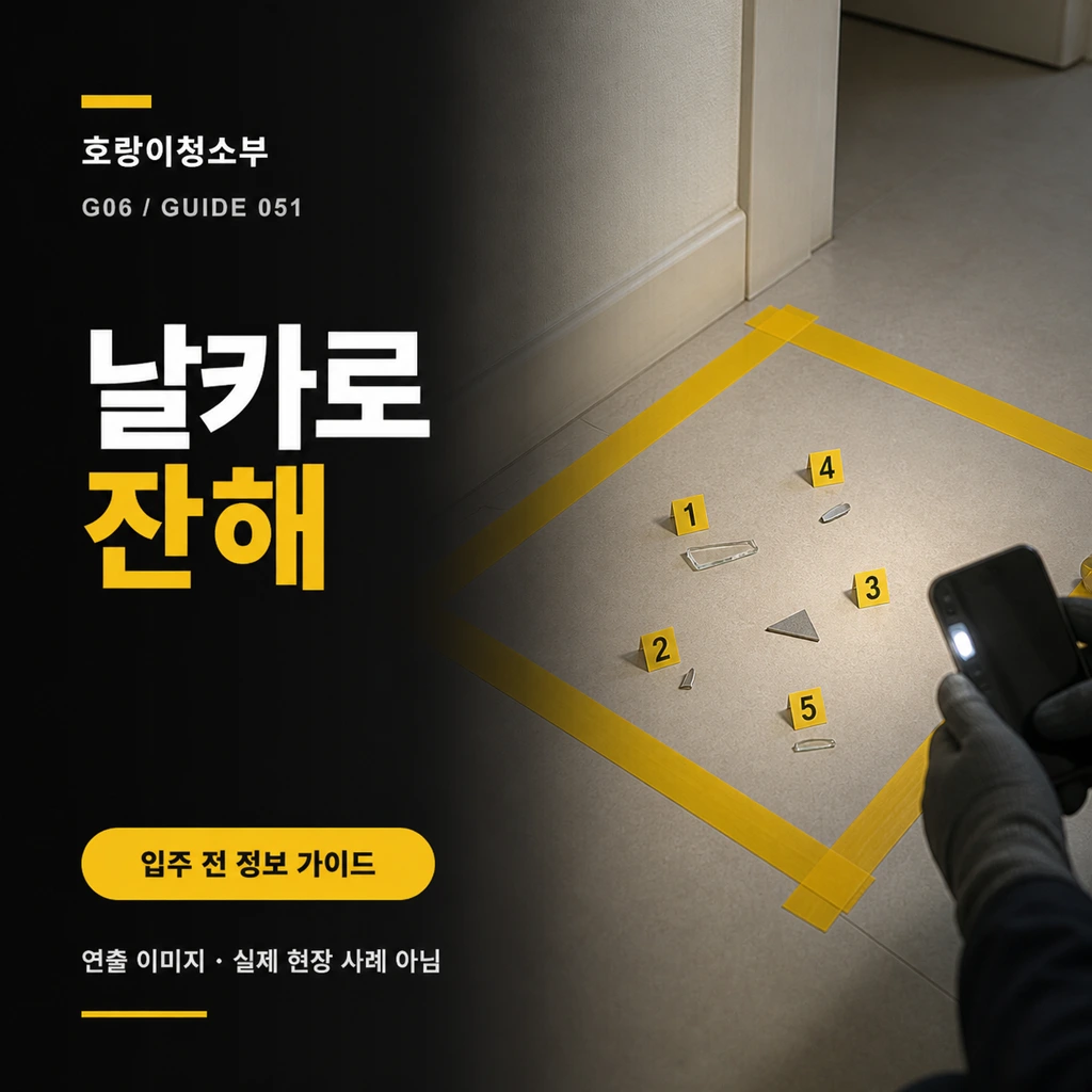 바닥의 날카로운 조각 다섯 개를 노란 통제선 안에 두고 번호표와 휴대전화 조명으로 기록하는 정사각형 연출 이미지