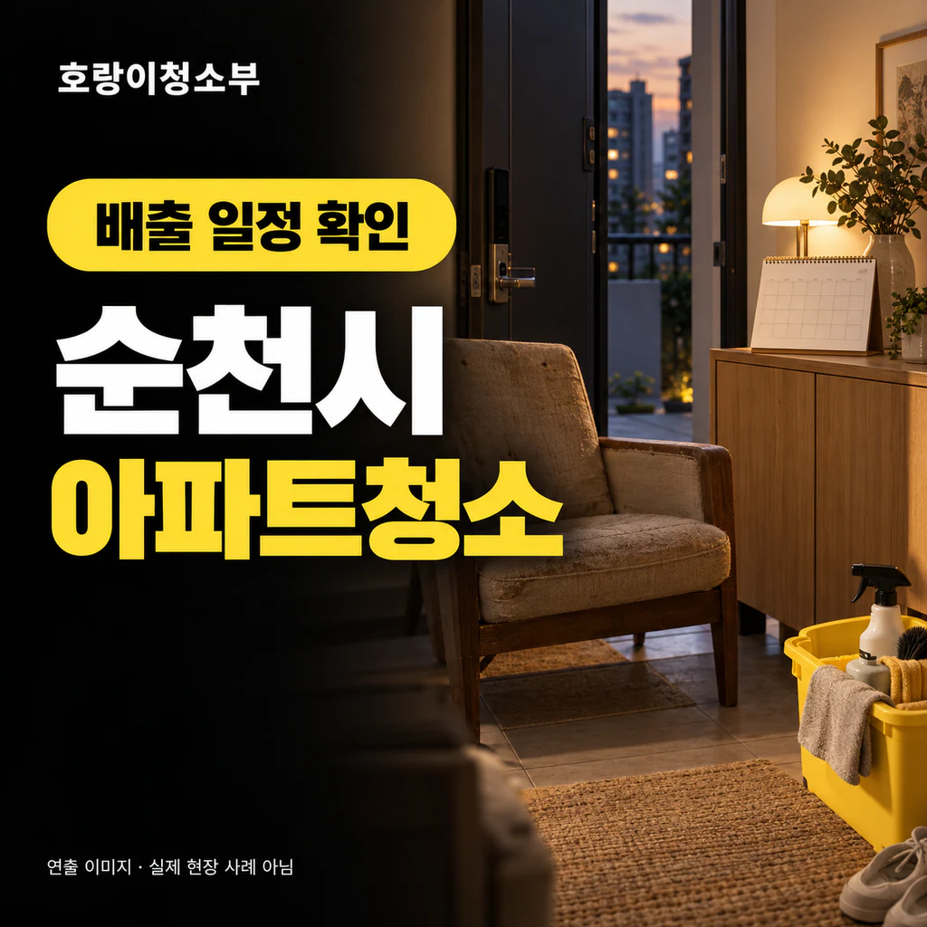 아파트 현관에 날짜표가 붙은 상자와 접은 의자, 노란 청소 도구가 놓인 정사각형 연출 이미지