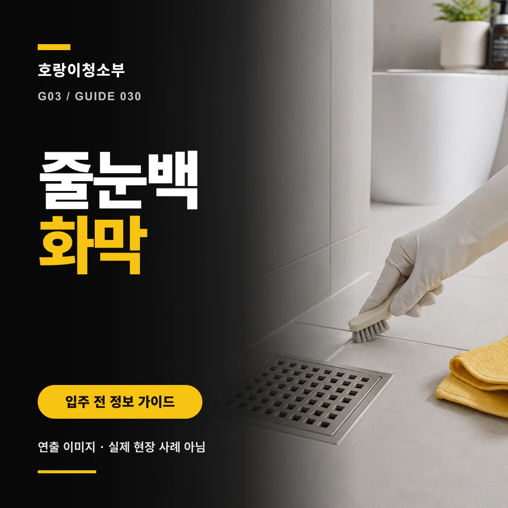 왼쪽 검은 패널의 줄눈 백화막 문구와 오른쪽 회색 욕실 타일에서 장갑 낀 손이 작은 솔로 줄눈을 살피는 정사각형 연출 이미지