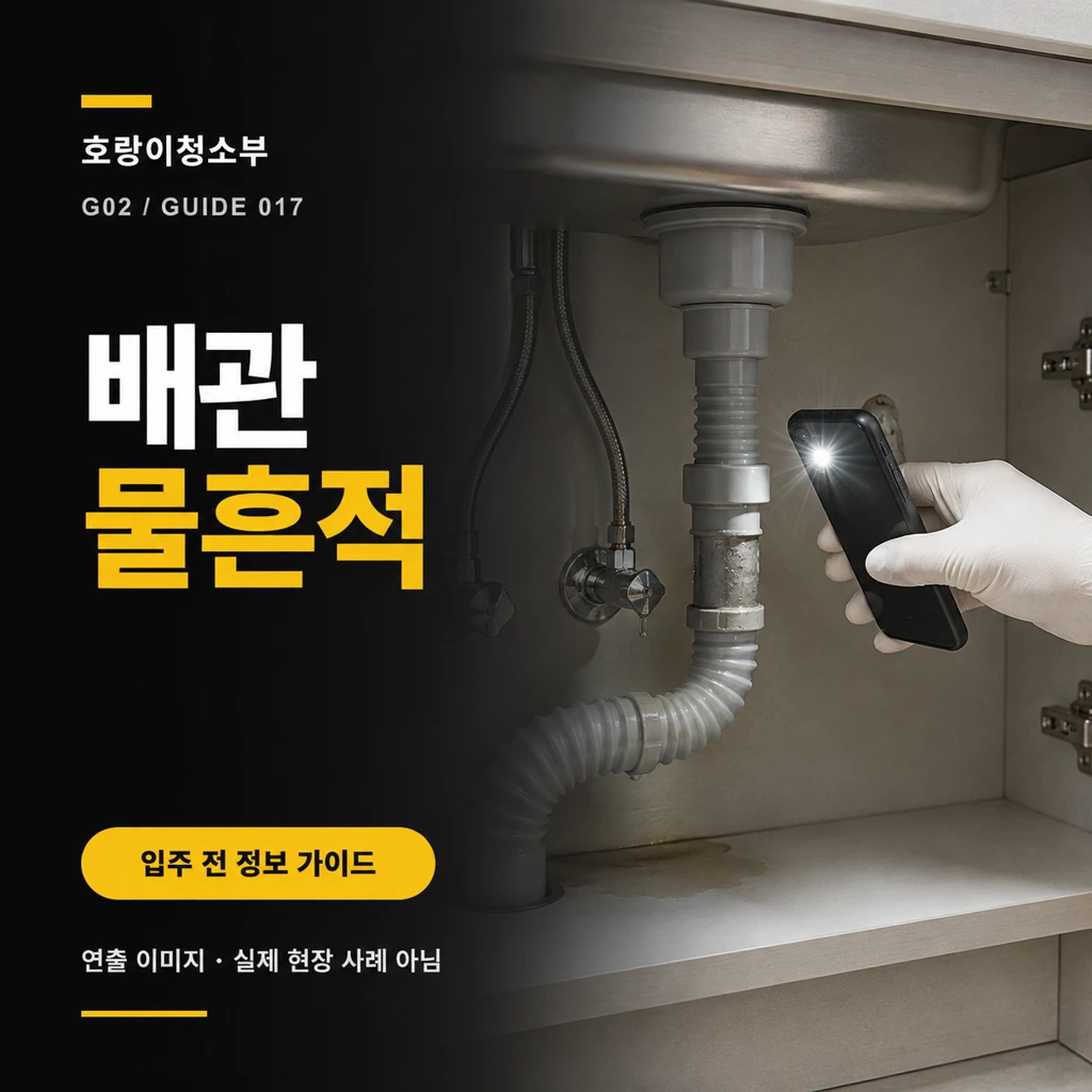 싱크대 하부장 안 배수관 연결부와 바닥 물흔적을 휴대전화 조명으로 확인하는 장면의 정사각형 연출 이미지