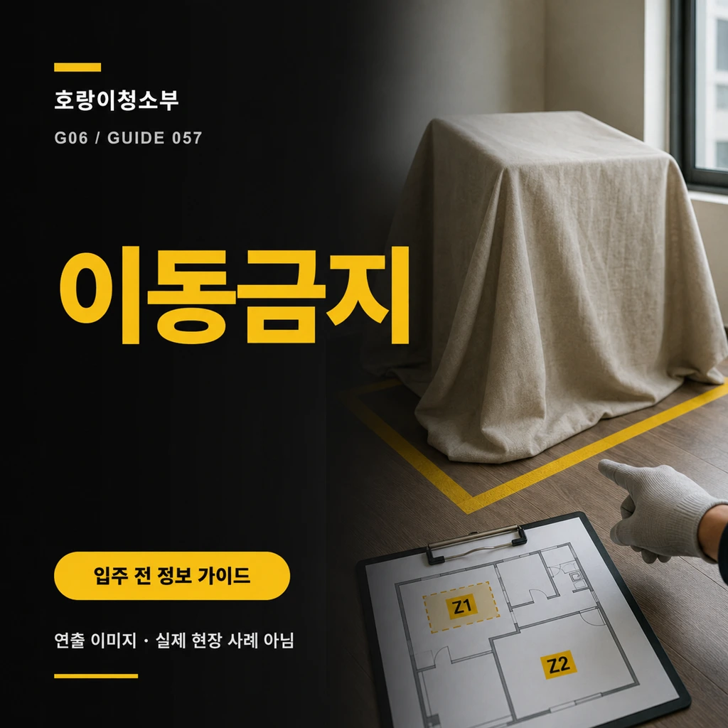 세부정보를 가린 물품 주변의 노란 접근금지선과 Z1·Z2 코드 평면도를 함께 확인하는 이동금지 안내용 정사각형 연출 이미지