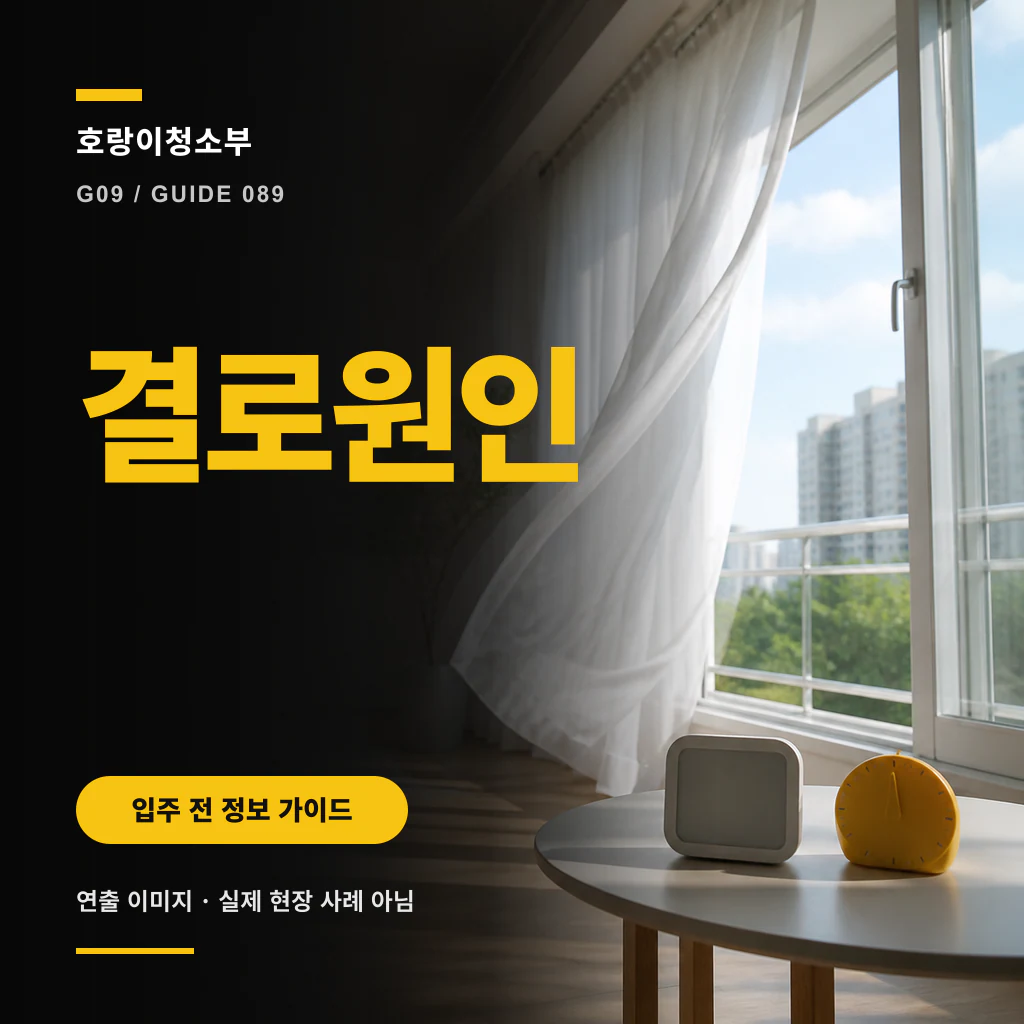 베란다 창의 물기 흐름과 점검 위치에 결로원인 문구를 크게 넣은 정사각형 안내 이미지