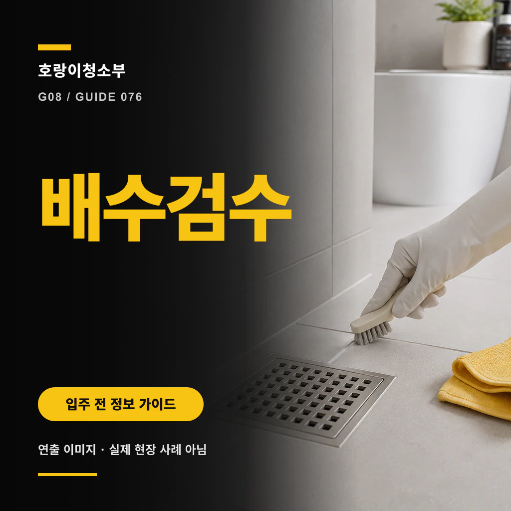 배수검수 제목 옆에 밝은 욕실 바닥 배수구와 솔을 든 장갑 낀 손, 접힌 노란 천을 배치한 정사각형 연출 이미지
