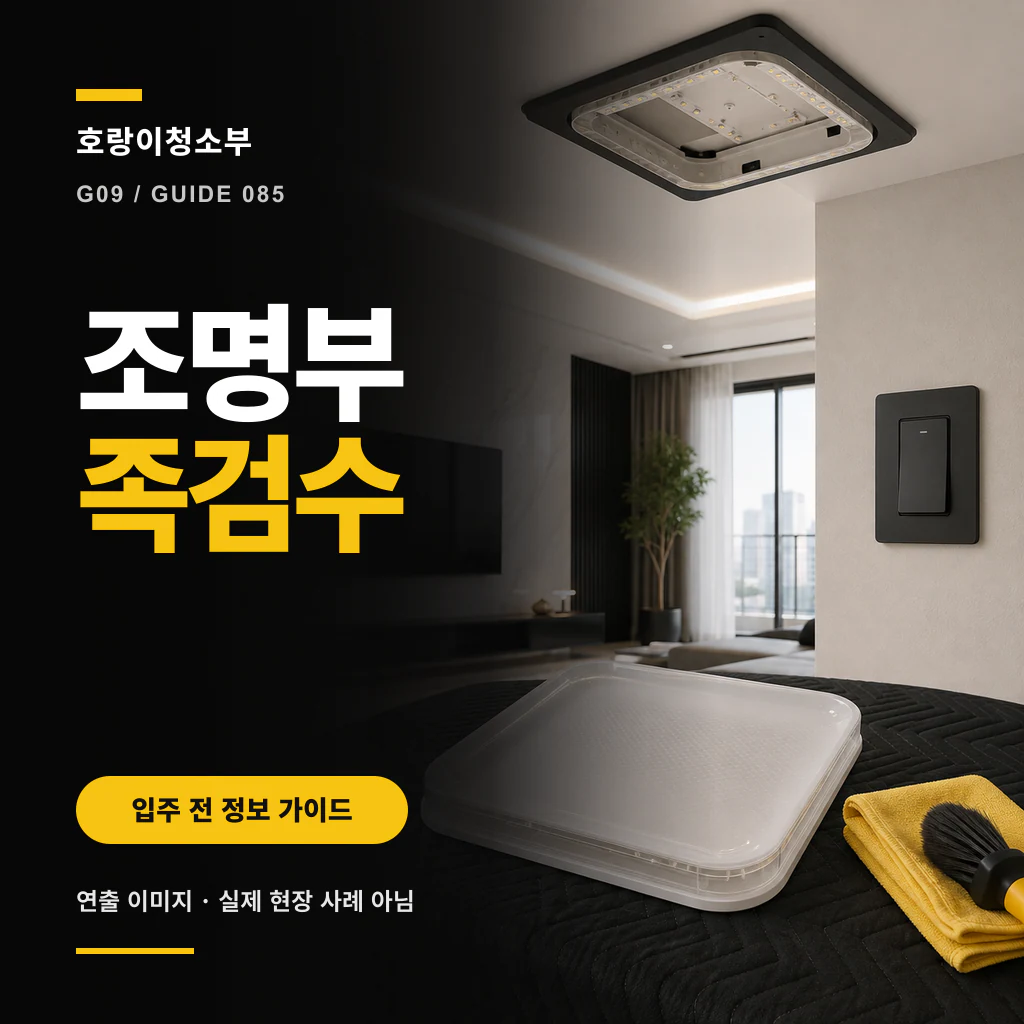천장 조명기구와 벽 스위치가 보이는 방에서 분리된 반투명 조명 커버, 노란 걸레와 브러시가 놓이고 조명 부족 검수 문구가 크게 보이는 정사각형 연출 이미지